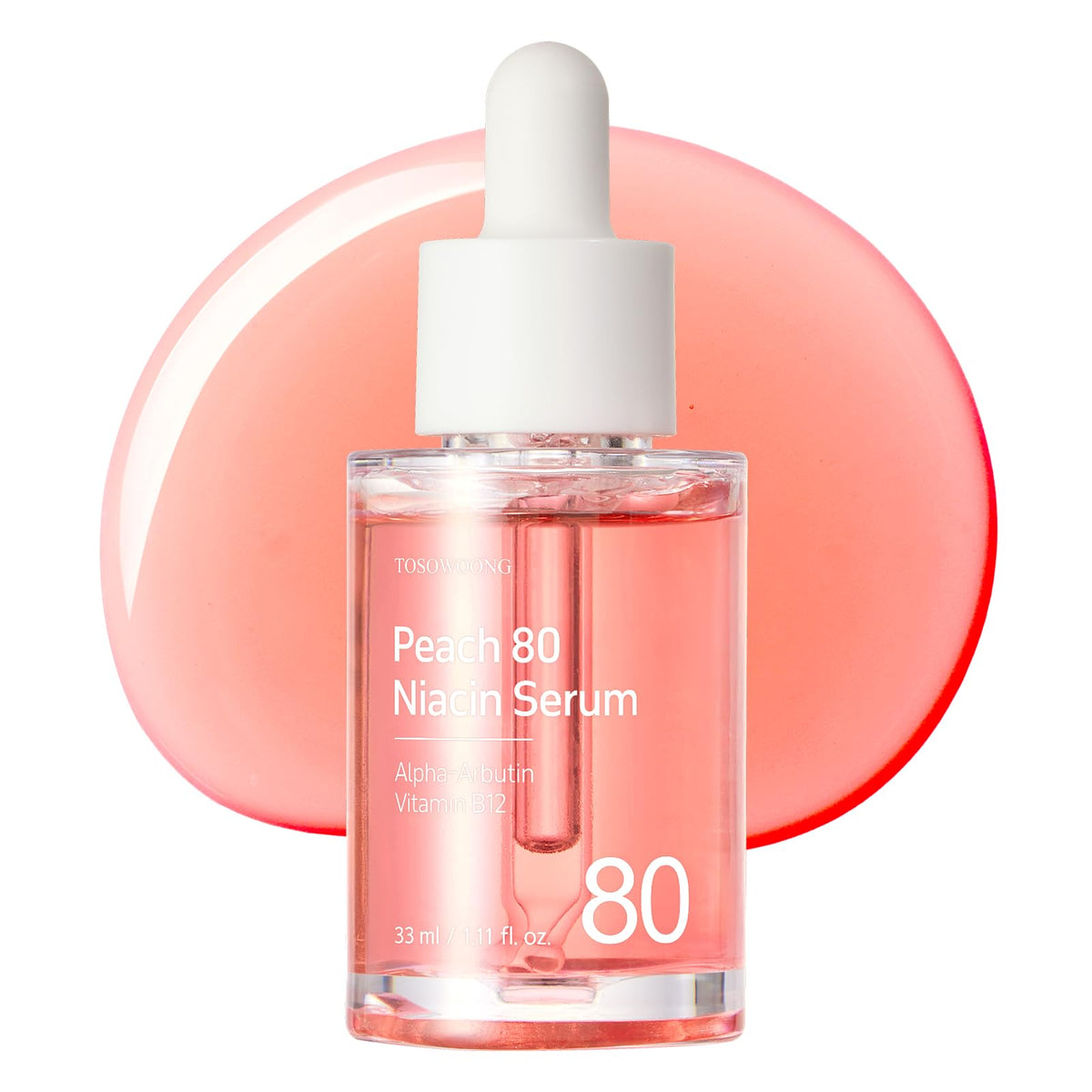 TOSOWOONG Peach 80 Niacin Serum bottle shows lightweight hydration and radiant glow.