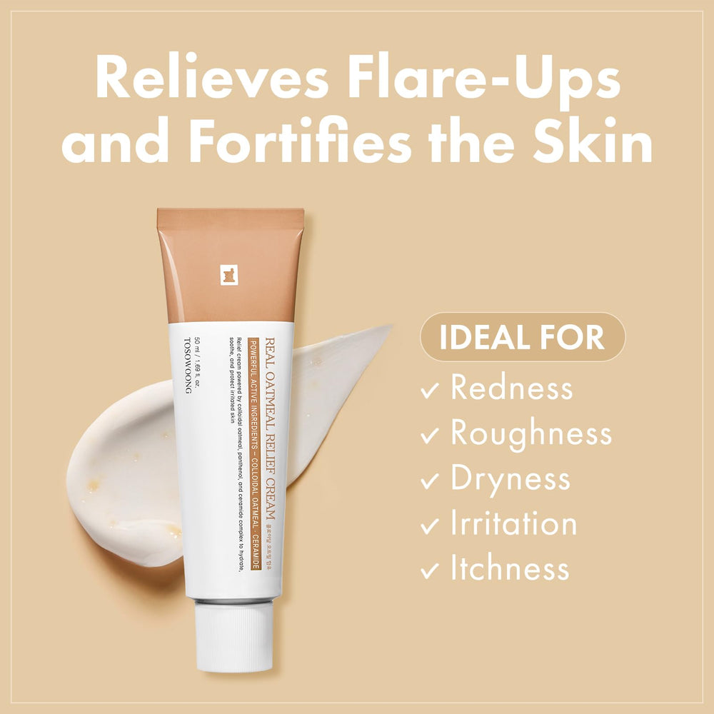 TOSOWOONG Real Oatmeal Relief Cream ingredient panel emphasizes oats for calm skin support