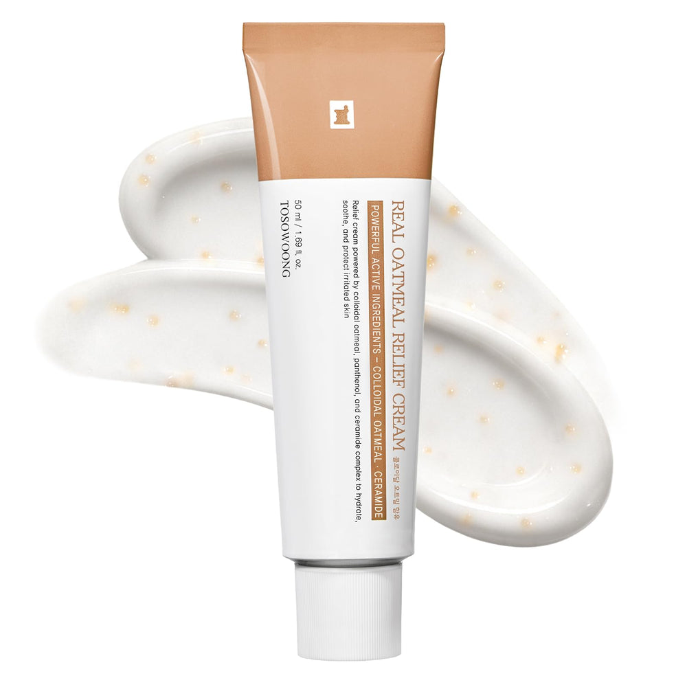 TOSOWOONG Real Oatmeal Relief Cream jar closeup highlighting gentle daily hydration