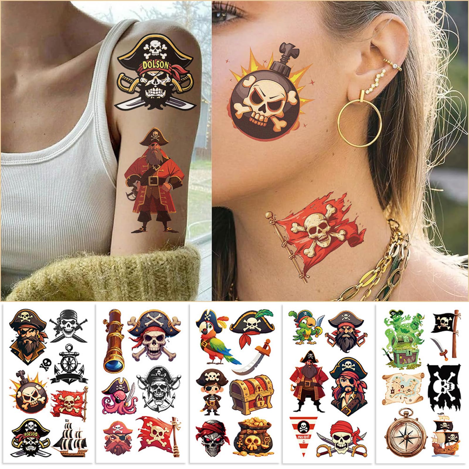 Tostmrks tatuajes pirata loros, colores vivos para el disfrute de niños.