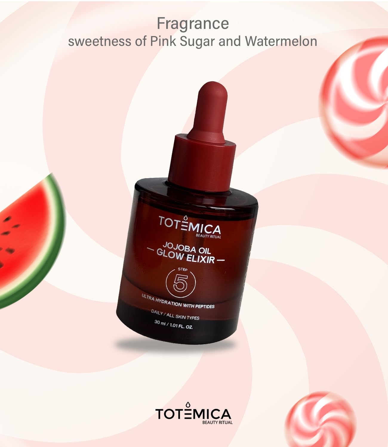 Totemica Jojoba Oil Glow Elixir anti-aging peptide supports look of fine lines.