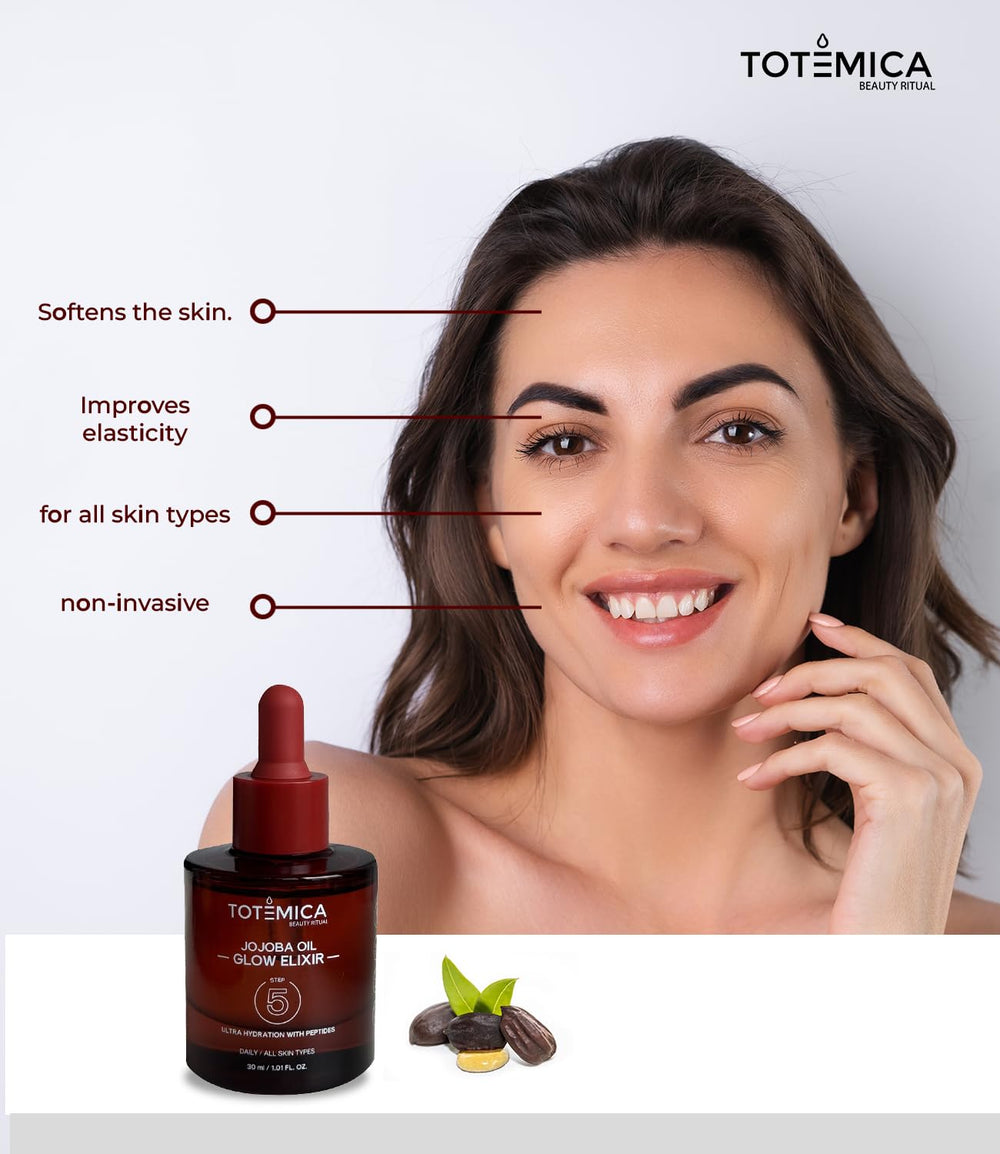 Totemica Jojoba Oil Glow Elixir ingredients close-up highlighting peptides and antioxidants.