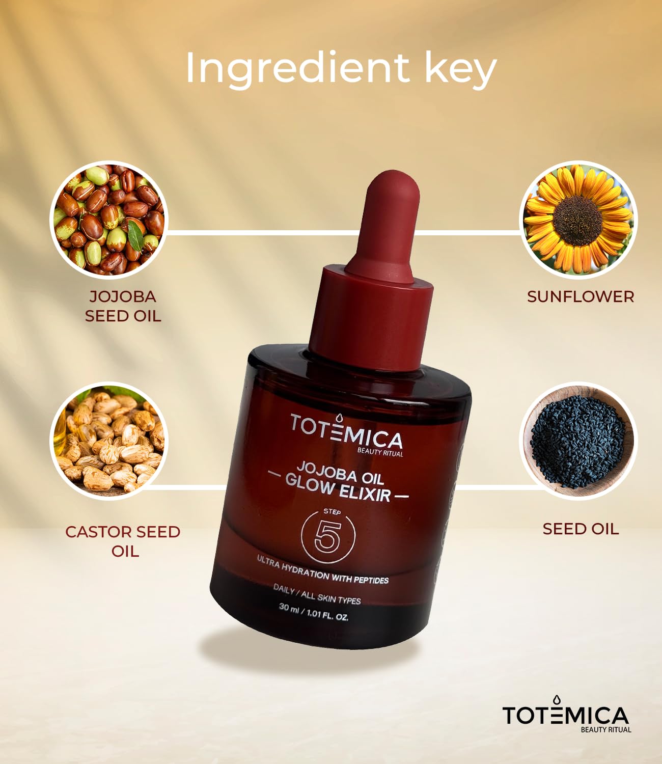 Totemica Jojoba Oil Glow Elixir texture shot shows fast-absorbing formula for daily moisture.