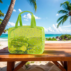 TotePrint Yellow Star Large Cosmetic Bag open view shows spacious main compartment.