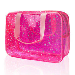 TotePrint hot pink star bag front view for easy makeup storage on trips.