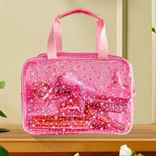 TotePrint hot pink star bag side with handle for portable travel.