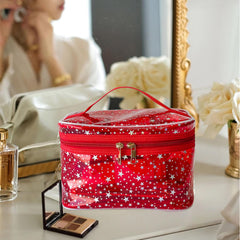 TotePrint transparent green makeup bag interior view highlights easy item visibility for quick finds.