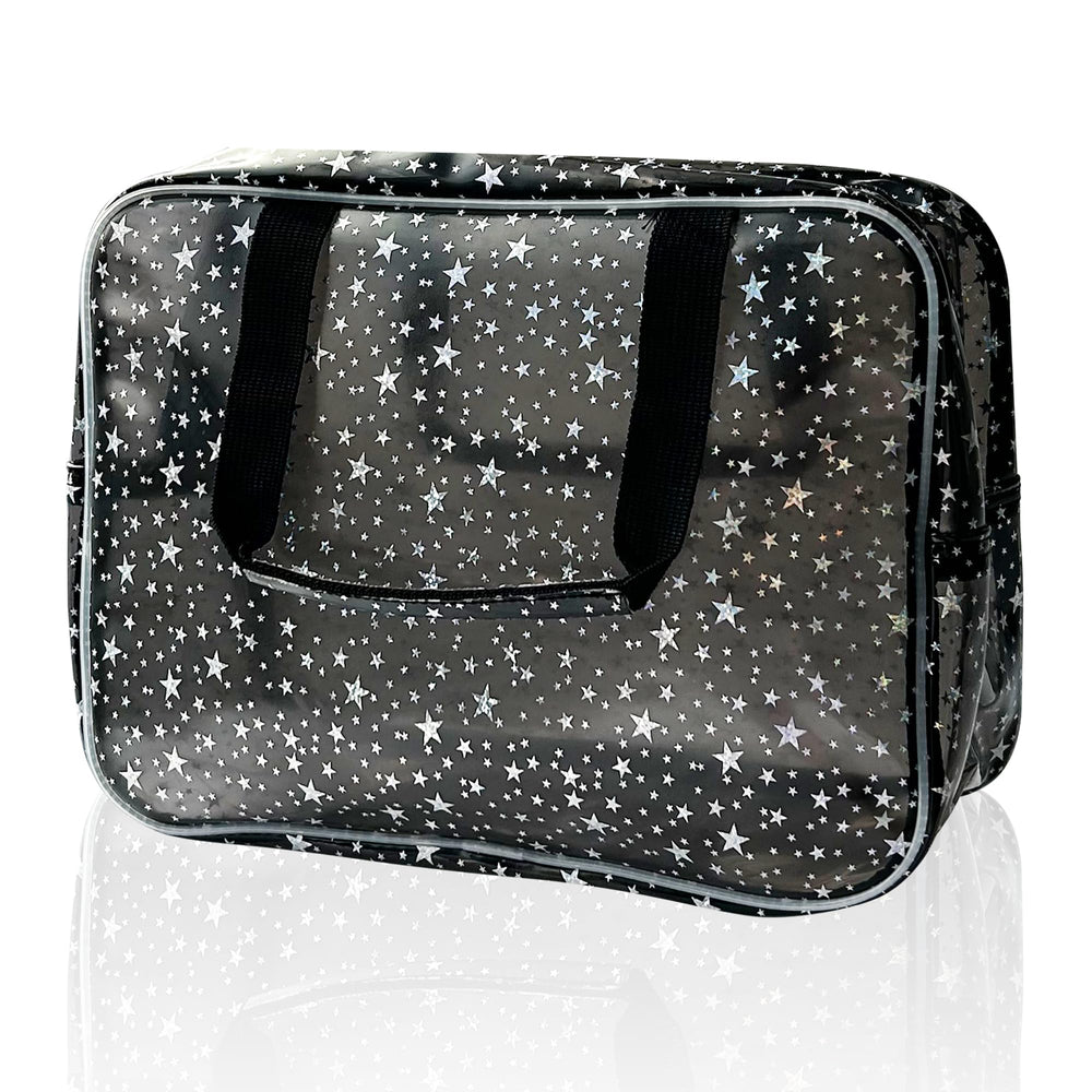 TotePrint black holographic star cosmetic bag front view for stylish travel organization