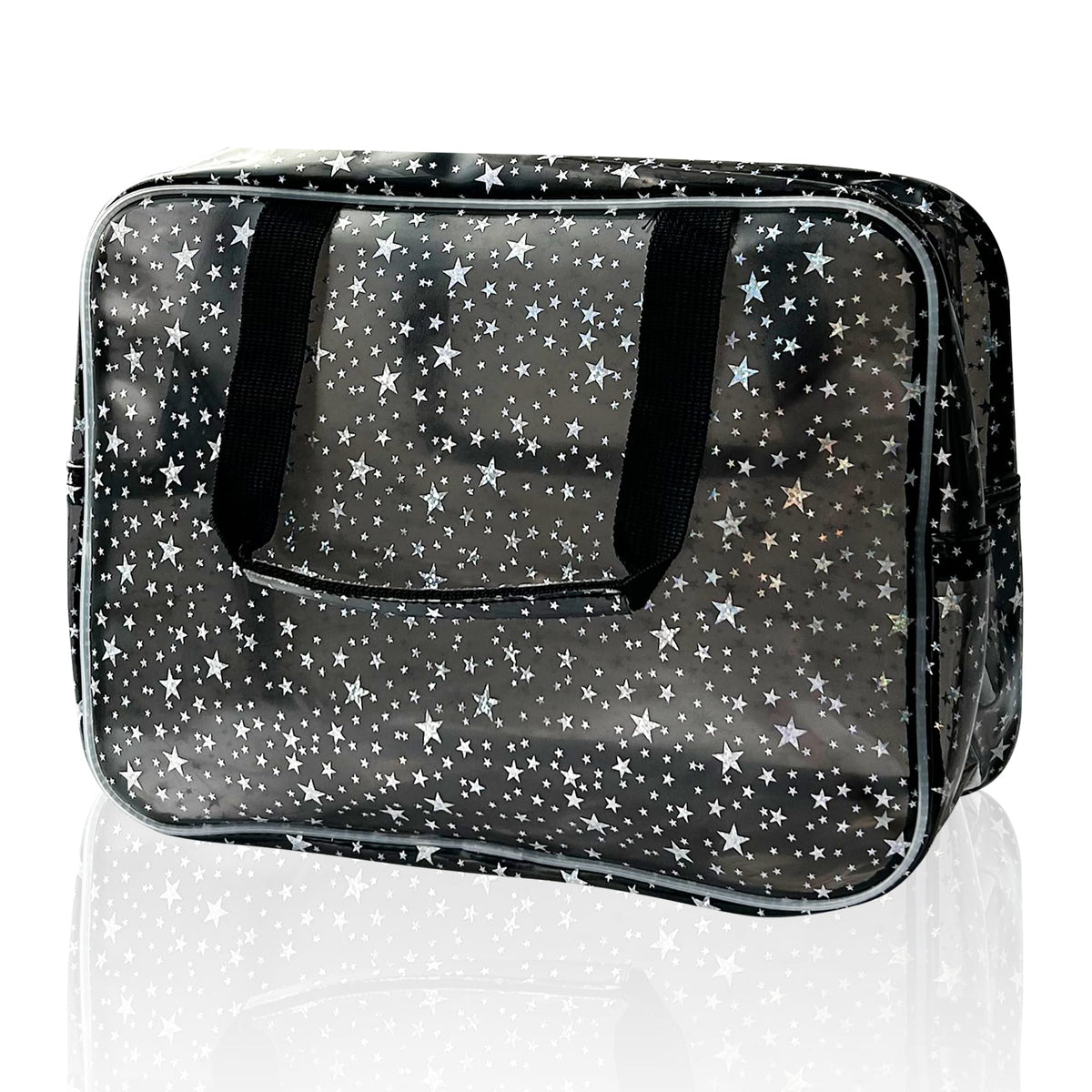 TotePrint black holographic star cosmetic bag front view for stylish travel organization