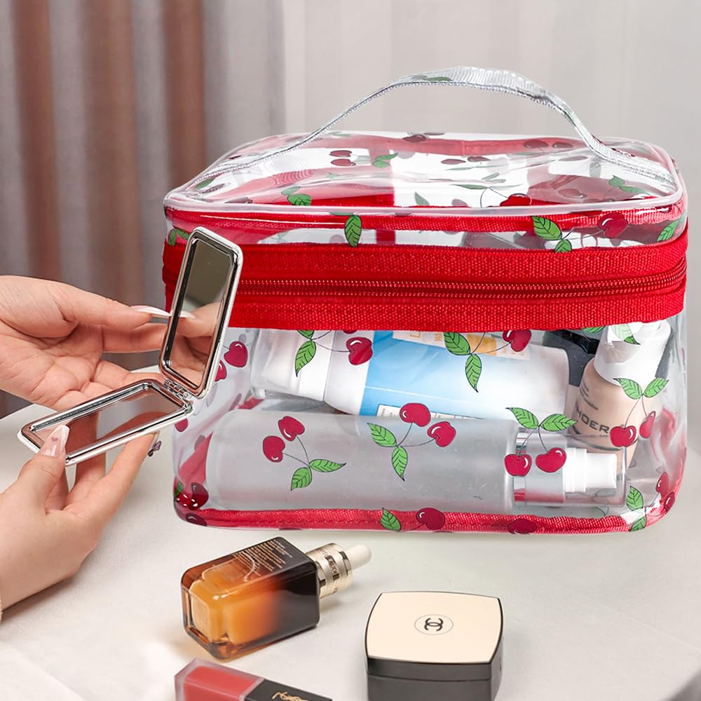 TotePrint Cherry Clear cosmetic bag zipper closeup highlighting smooth sliding and secure storage.