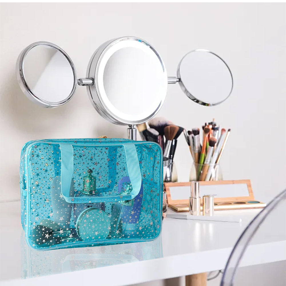 TotePrint light blue makeup bag interior view showing quick item visibility and access