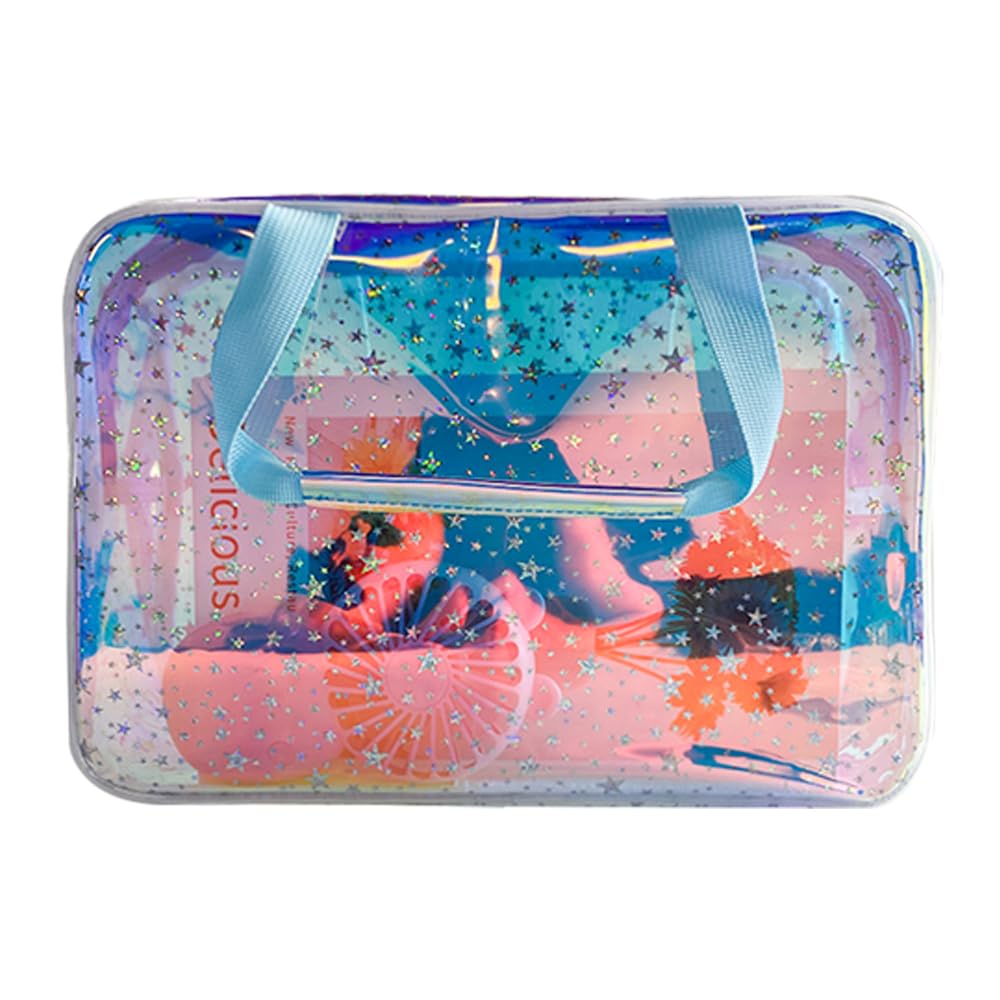 TotePrint TPU holographic blue star cosmetic bag front view showing spacious layout for makeup