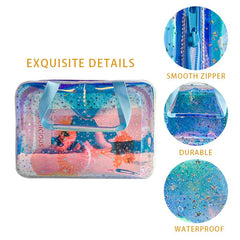 TotePrint TPU holographic blue star cosmetic bag handle close-up emphasizes portability