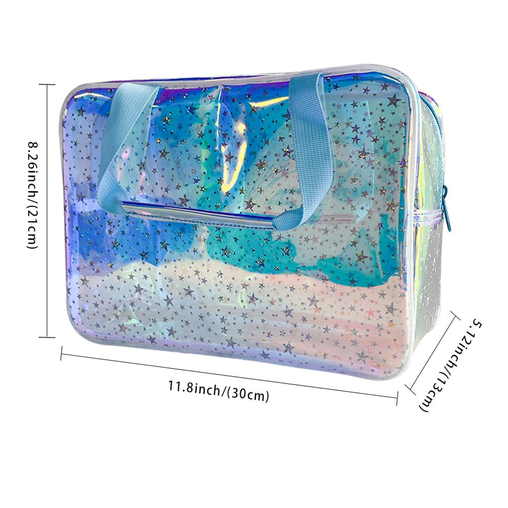 TotePrint TPU holographic blue star cosmetic bag open inside reveals clear organization