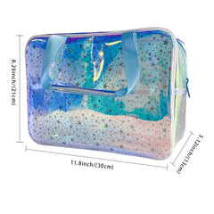 TotePrint TPU holographic blue star cosmetic bag open inside reveals clear organization