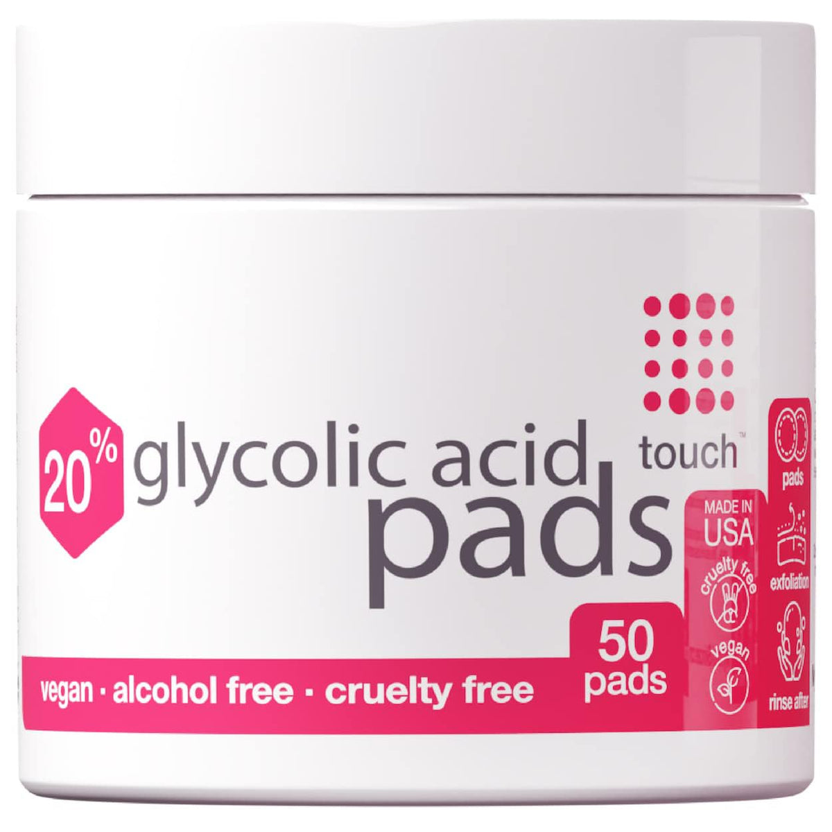 TOUCH 20% glycolic pad closeup shows saturated texture for exfoliation benefits.