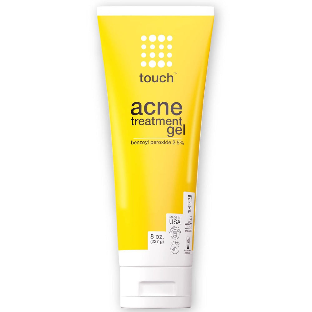 TOUCH benzoyl peroxide gel close-up highlighting fast-acting acne treatment