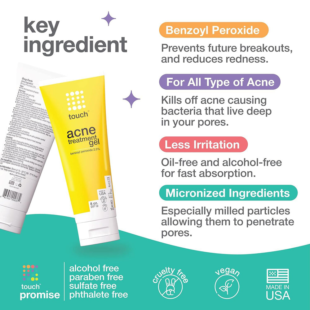 TOUCH benzoyl peroxide gel face application showing daytime use under makeup