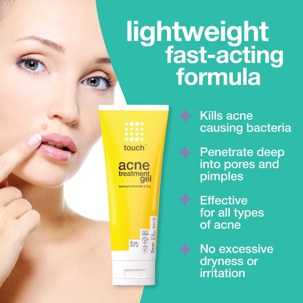 TOUCH benzoyl peroxide gel tube close-up for fast-acting acne relief