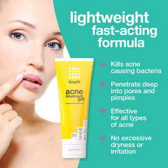 TOUCH benzoyl peroxide gel tube close-up for fast-acting acne relief