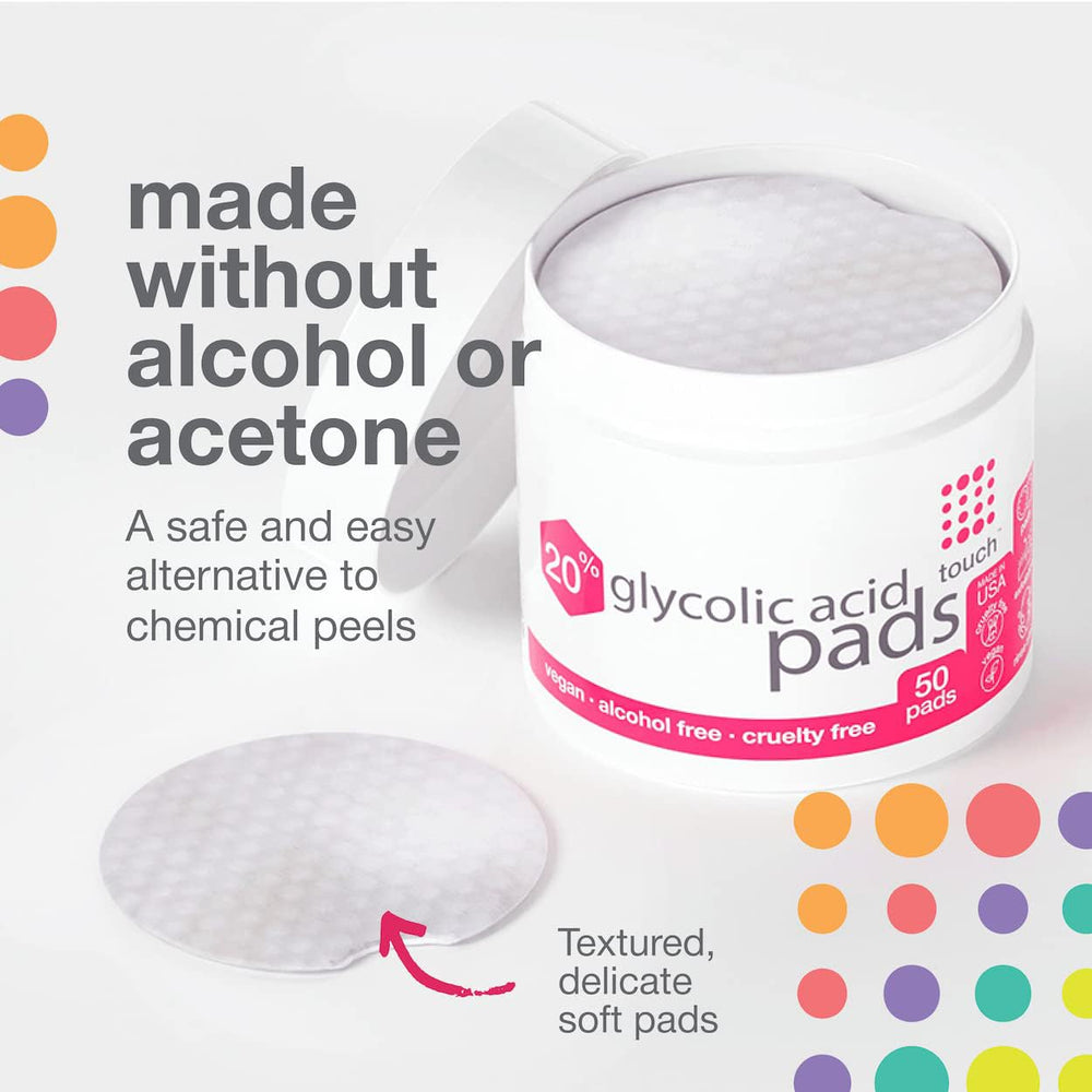 TOUCH foam-seal lid detail preserves pad moisture for consistent exfoliation.