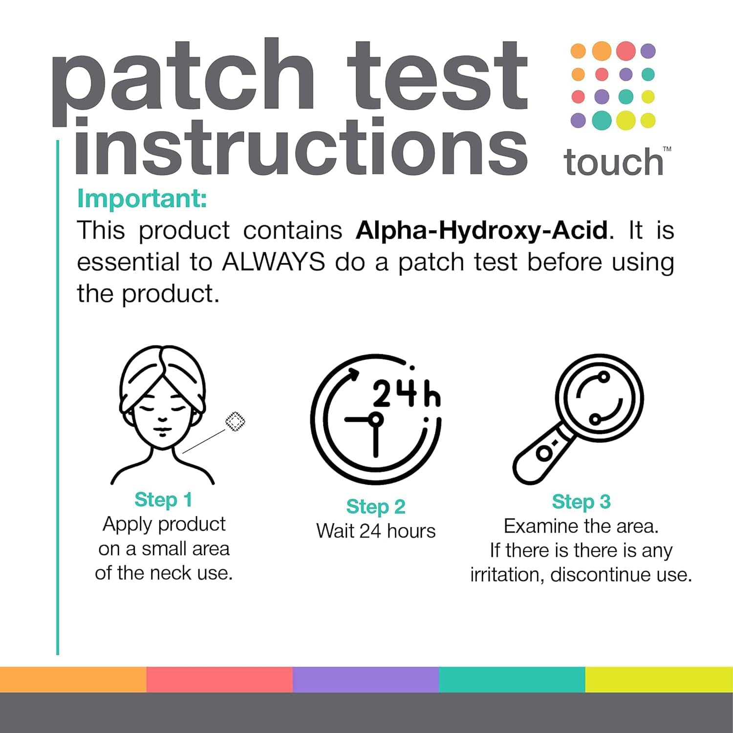 TOUCH Glycolic Acid Lotion ingredients label highlights nourishing components.