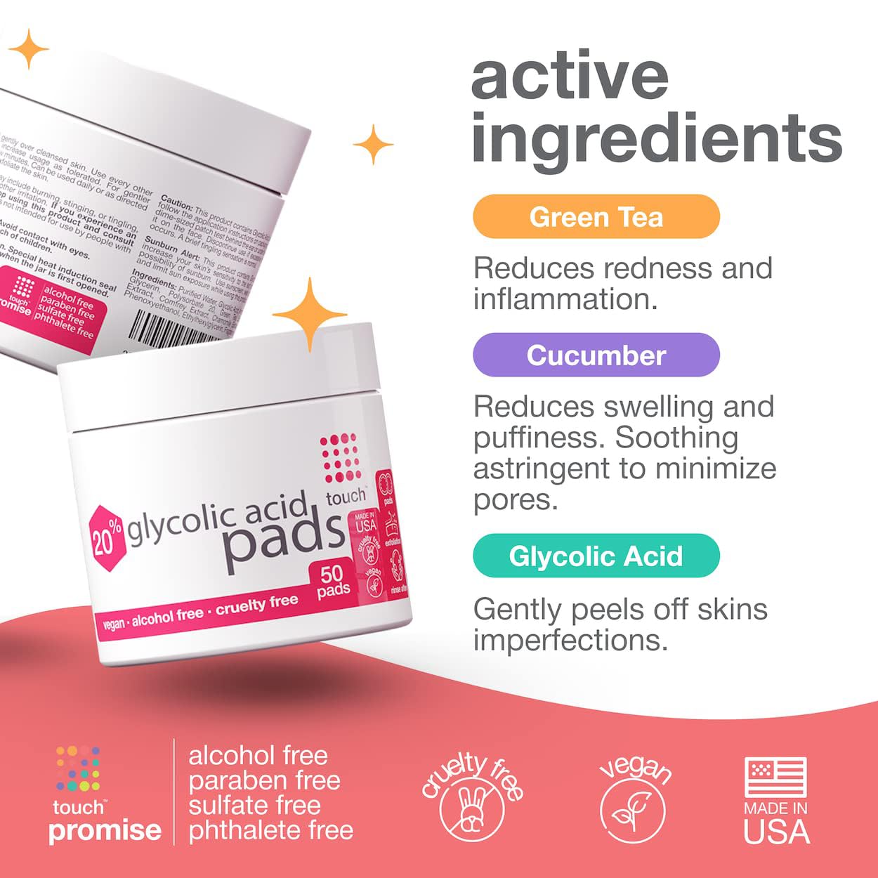 TOUCH glycolic pad application on hand demonstrates safe, easy resurfacing routine.