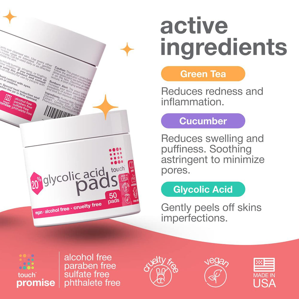 TOUCH glycolic pad application on hand demonstrates safe, easy resurfacing routine.