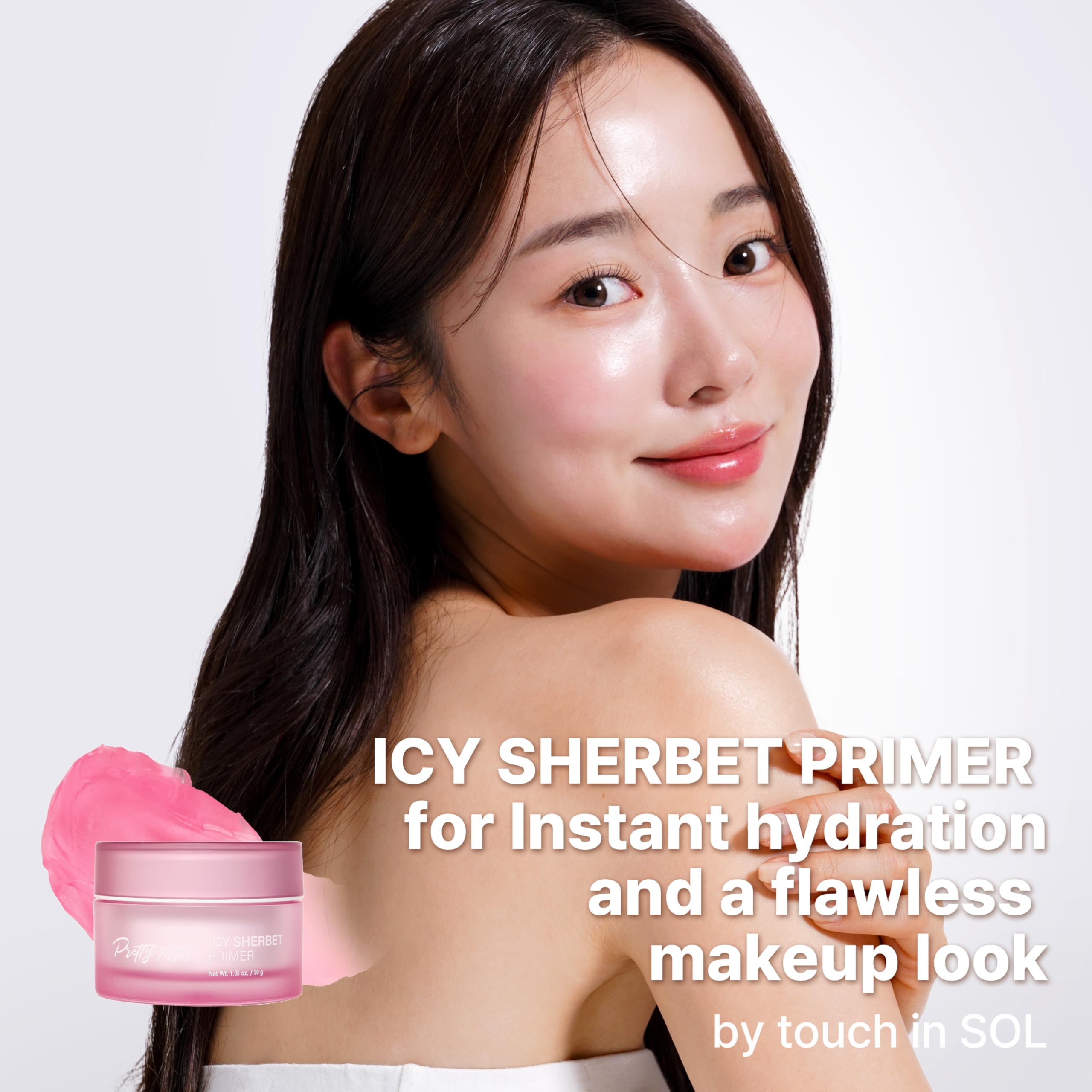 Touch in Sol Icy Sherbet Primer closeup texture highlights pore-blurring, silicone-free feel.
