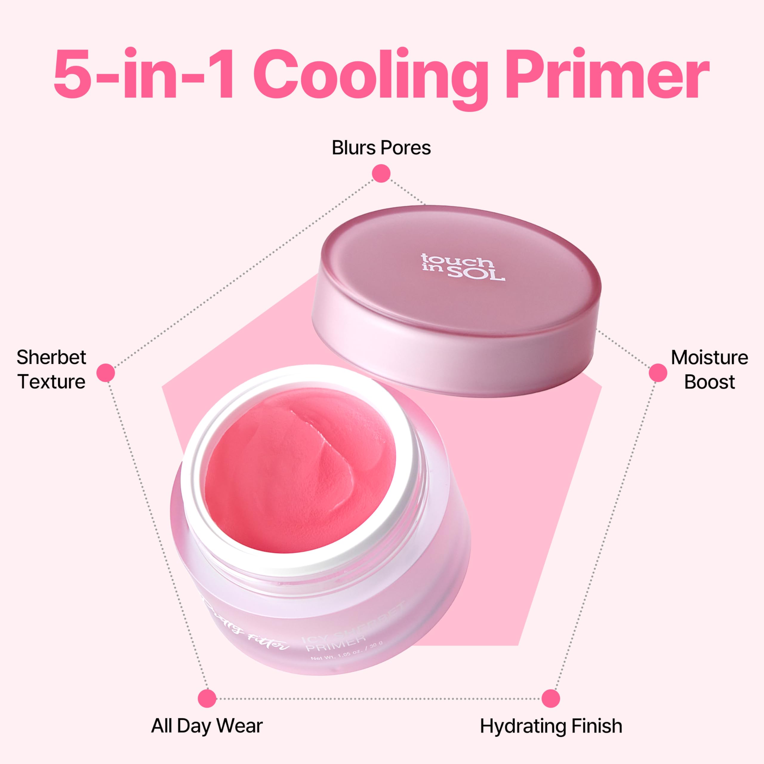Touch in Sol Icy Sherbet Primer cooling-effect image conveys refreshing skin sensation.