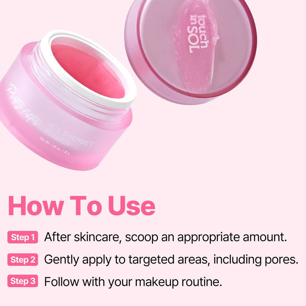 Touch in Sol Icy Sherbet Primer silicone-free-formula image emphasizes plant-based hydration.