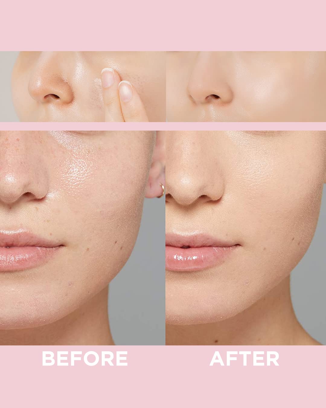 Touch In Sol No Pore Blem Primer before-foundation application shows smooth pore-minimized surface.