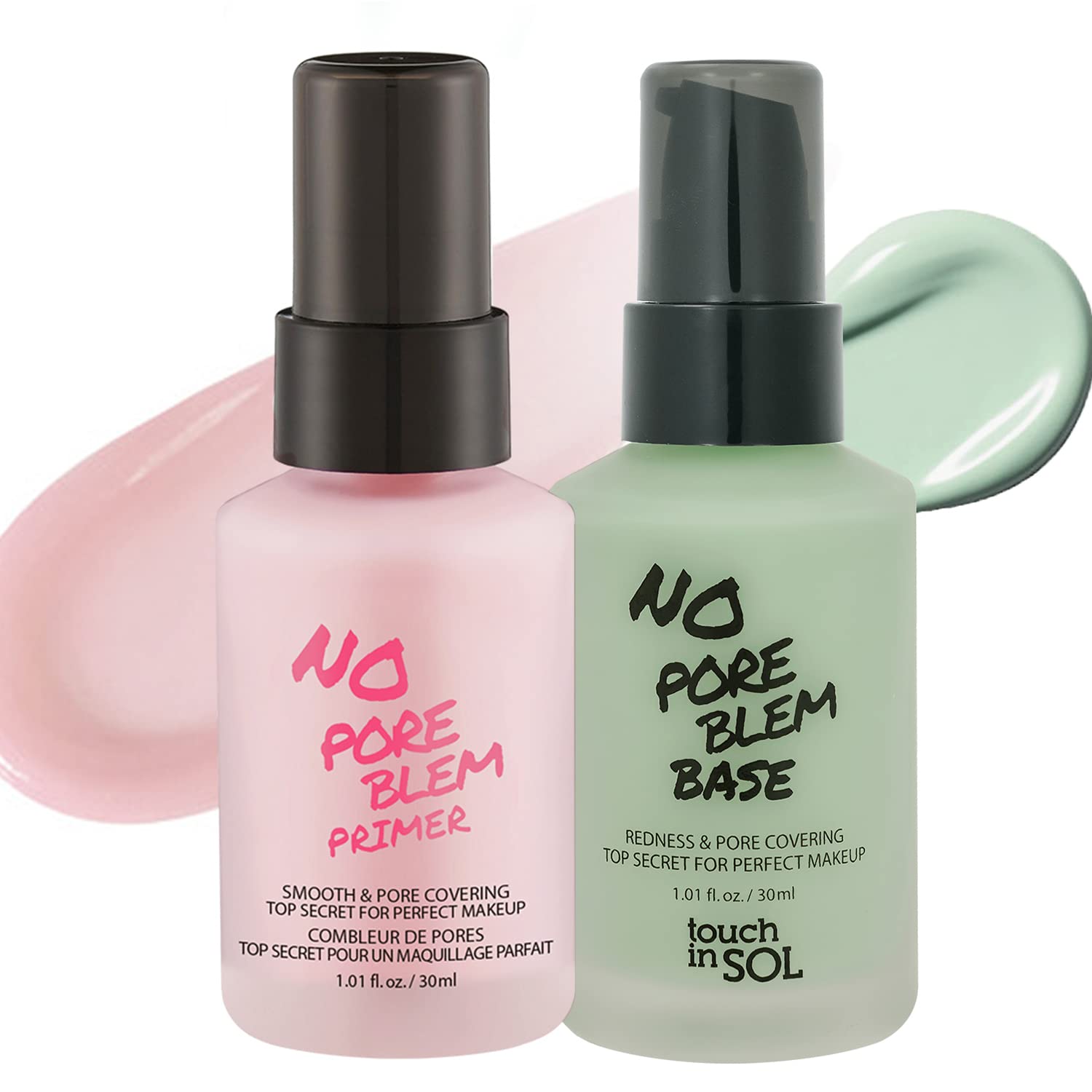 Touch In Sol No Pore Blem Primer bottle shows pore-filling action for smoother skin.