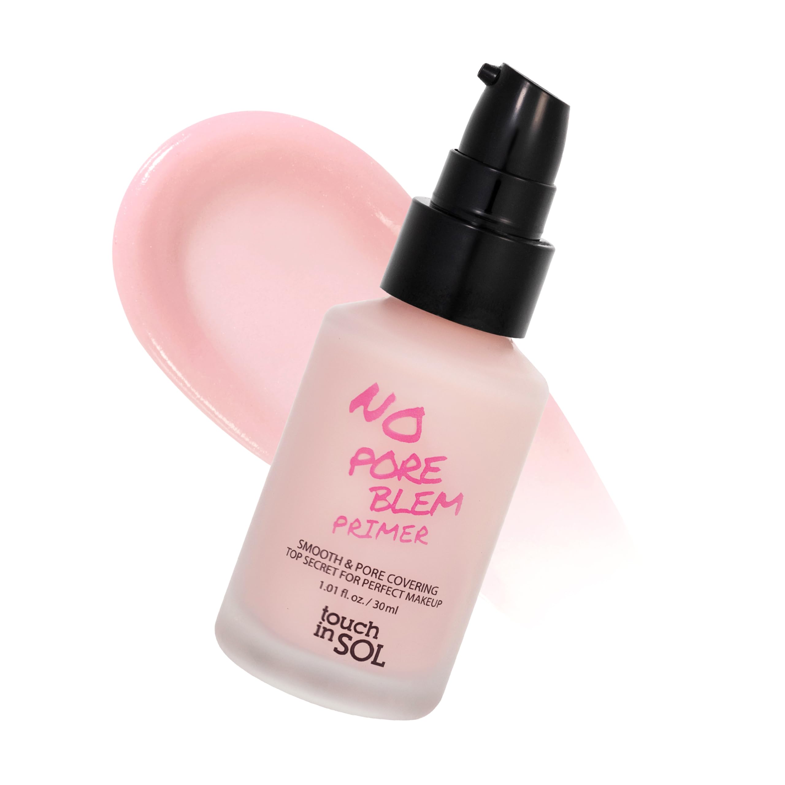 Touch in Sol No Poreblem Primer bottle front shows a smooth, matte makeup base.