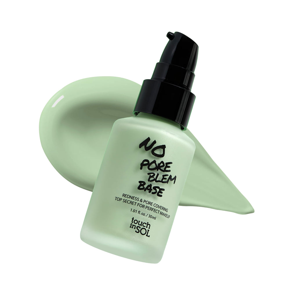 Touch in Sol redness correcting base primer bottle front showing redness-neutralizing formula for even tone.