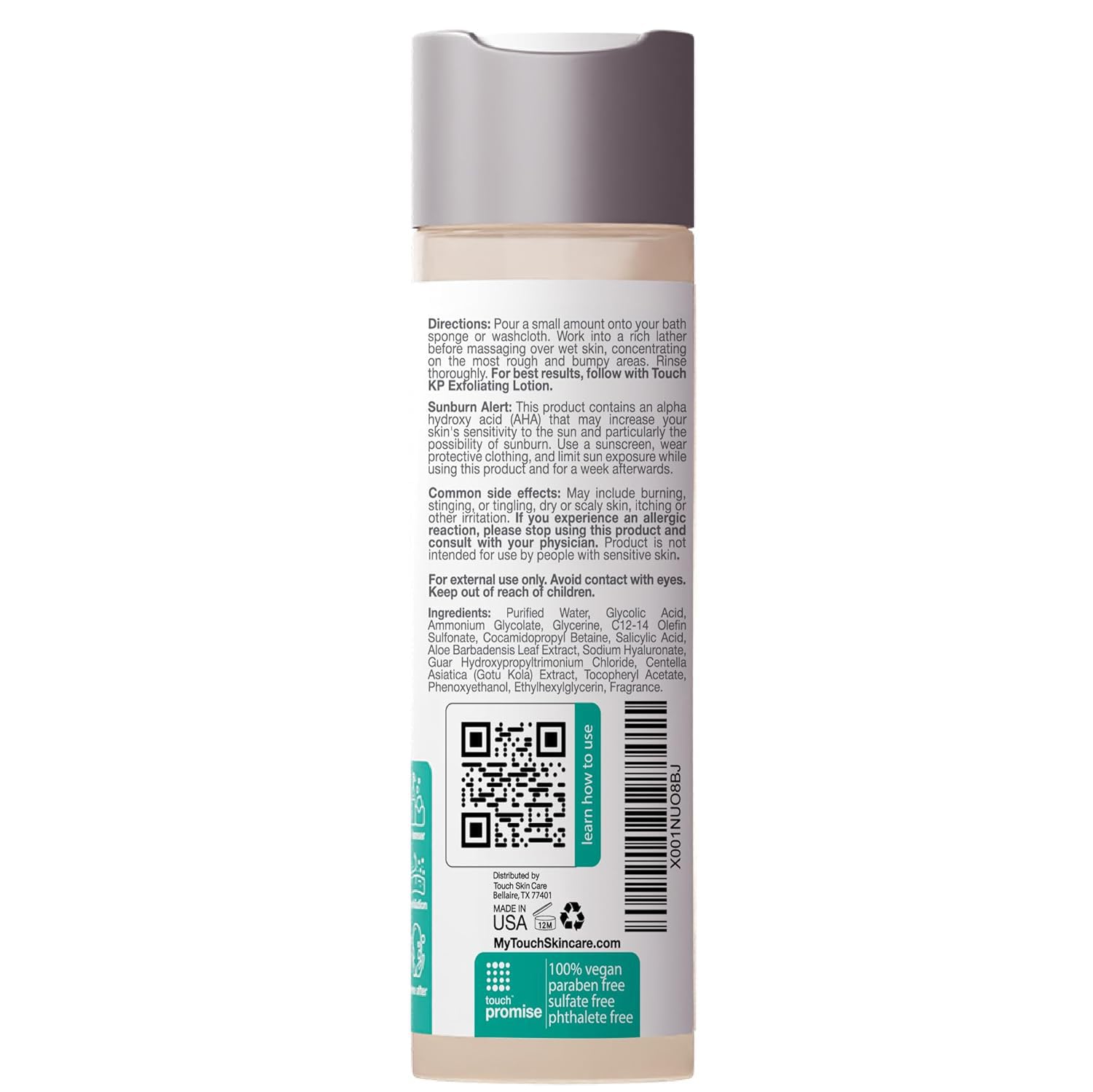TOUCH KP wash highlights glycolic and salicylic acids for surface and pore cleansing.
