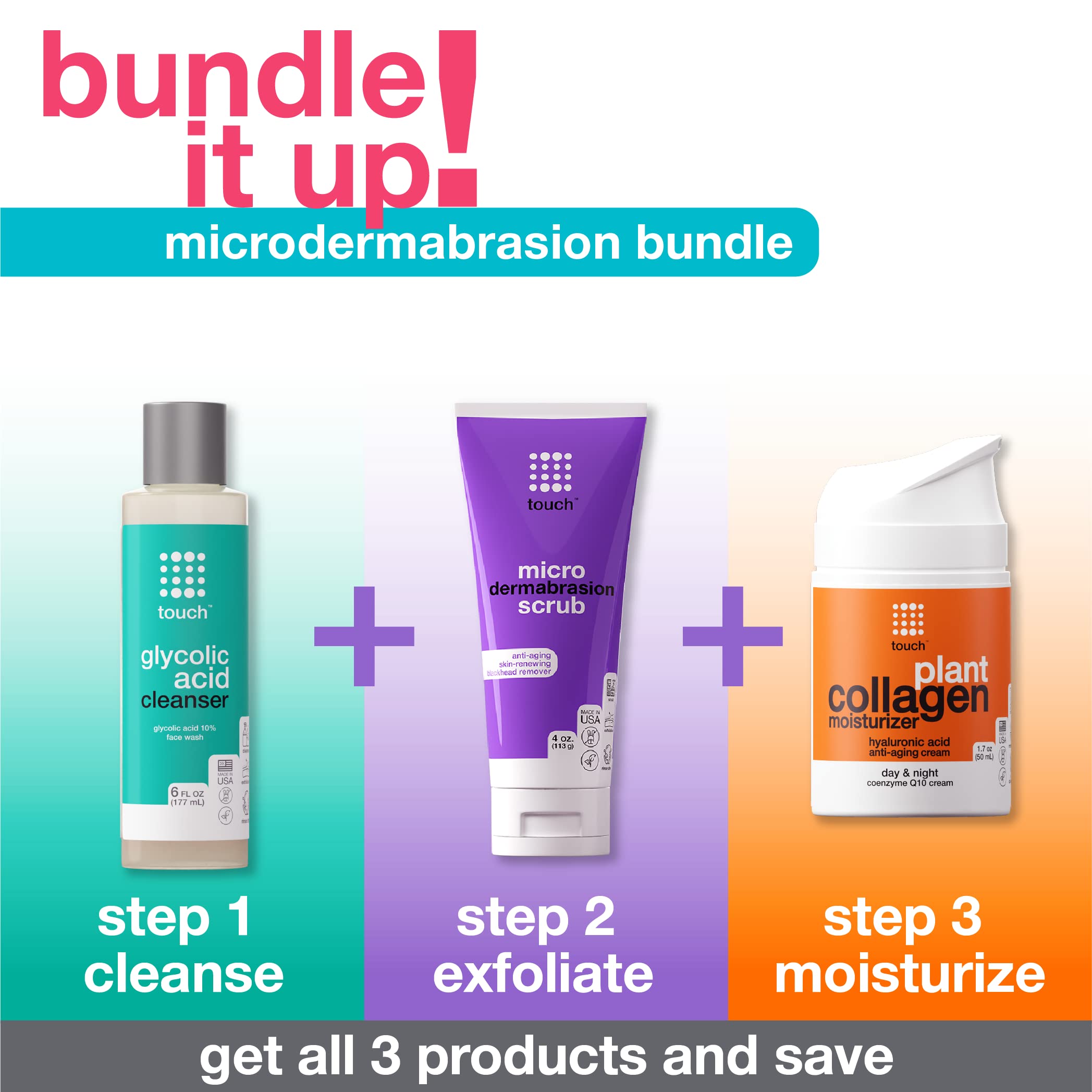 TOUCH microdermabrasion scrub application scene suggests quick, at-home weekly use.