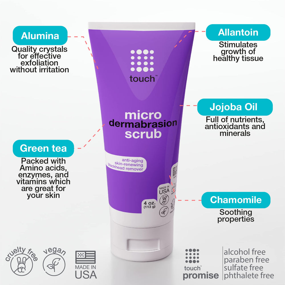 TOUCH microdermabrasion scrub ingredients highlight chamomile and green tea soothing properties.