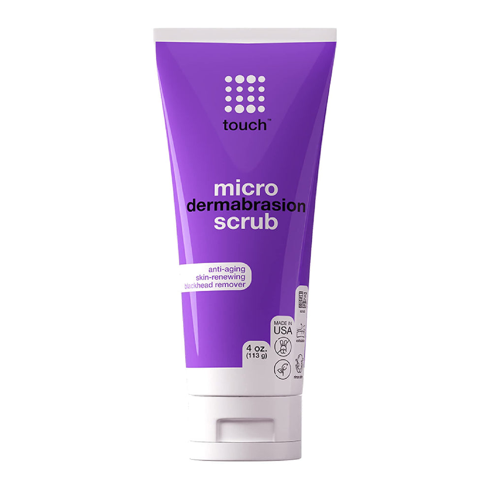TOUCH microdermabrasion scrub packaging highlights at-home exfoliation potential.