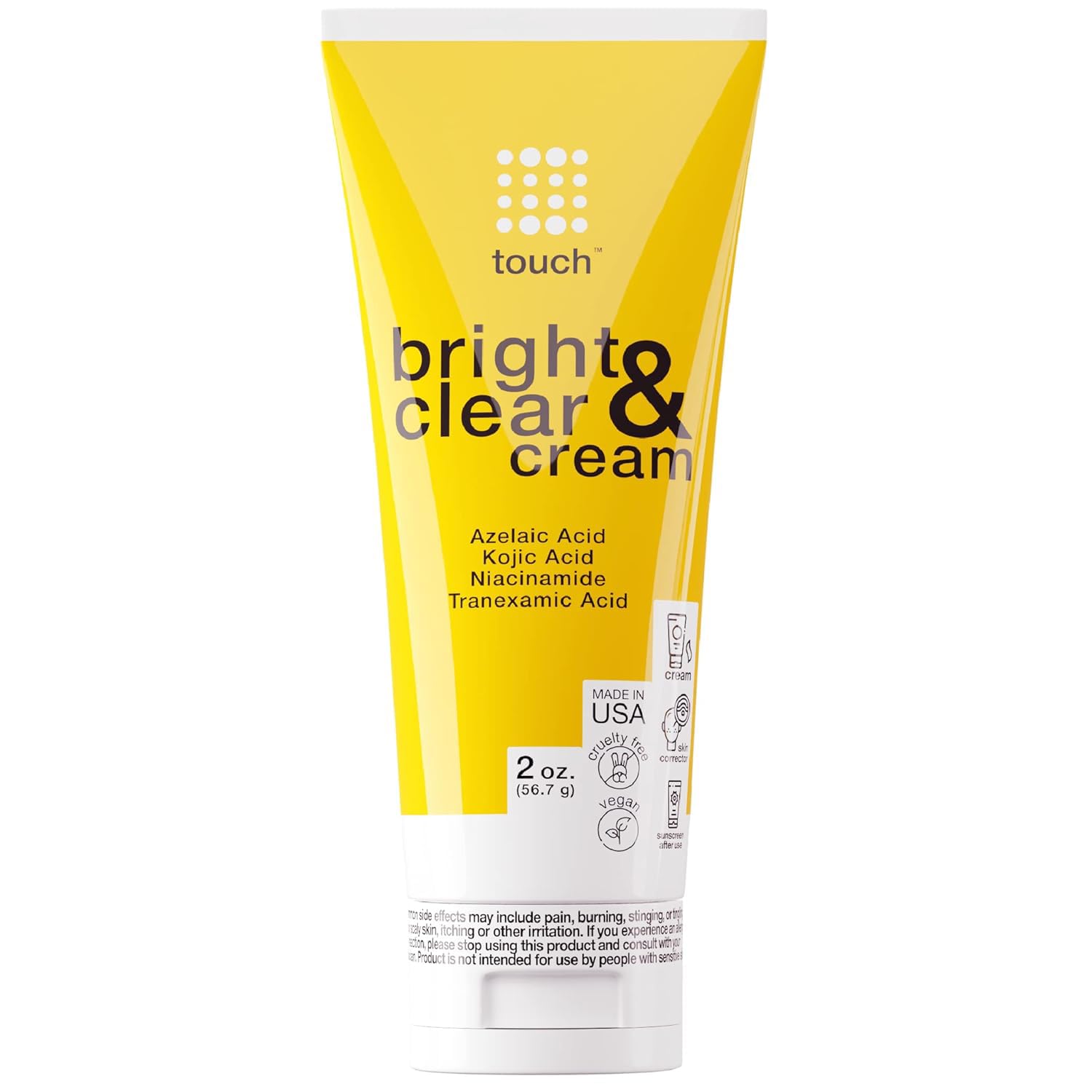 TOUCH Radiance Cream bottle shows fragrance-free, fast-absorbing brightening formula.