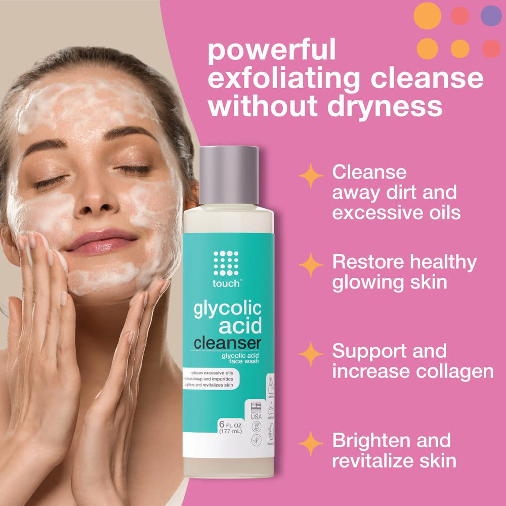 TOUCH ten-percent glycolic acid face wash bottle front promotes gentle daily cleansing.