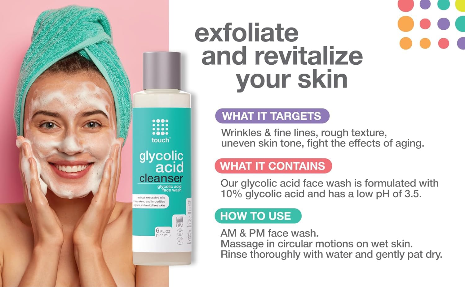 TOUCH glycolic face wash compatible with Clarisonic for deeper, comfortable cleansing.