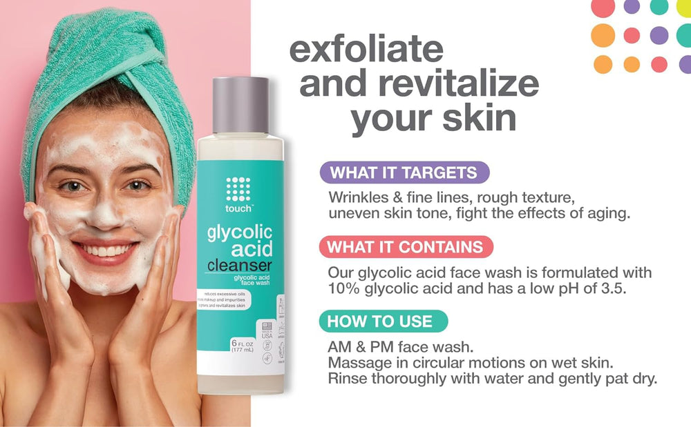 TOUCH glycolic face wash compatible with Clarisonic for deeper, comfortable cleansing.