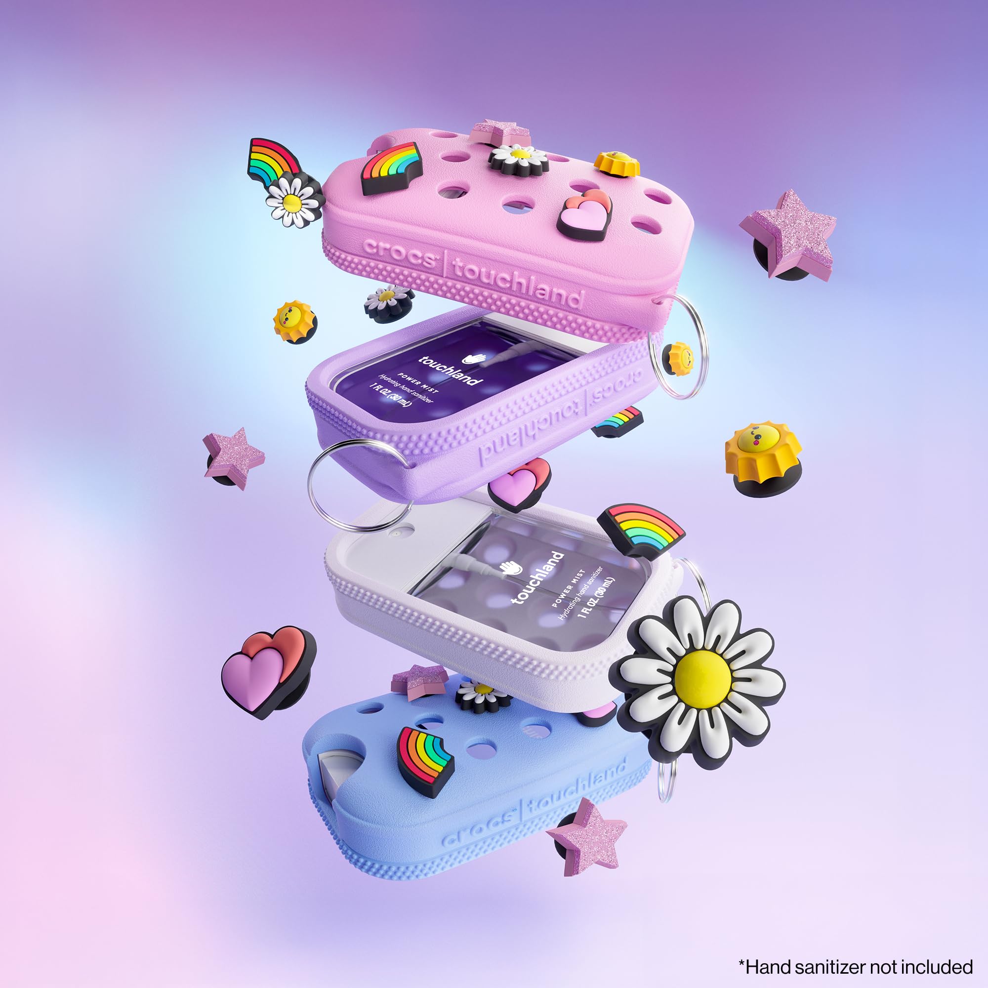 Touchland Crocs Mist Case closeup on five Jibbitz charms customization