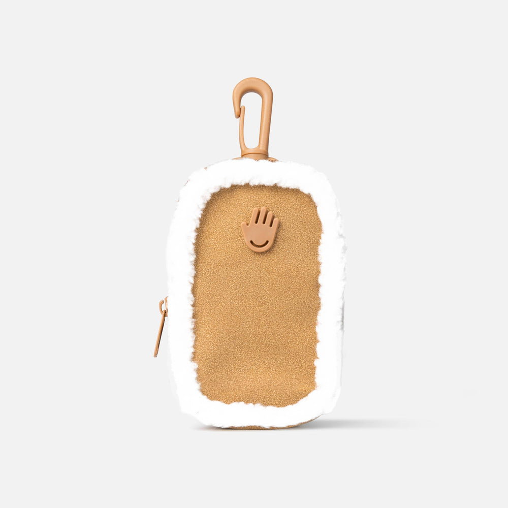 Touchland limited edition vegan shearling touchette pouch shows plush texture and portable hand sanitizer storage