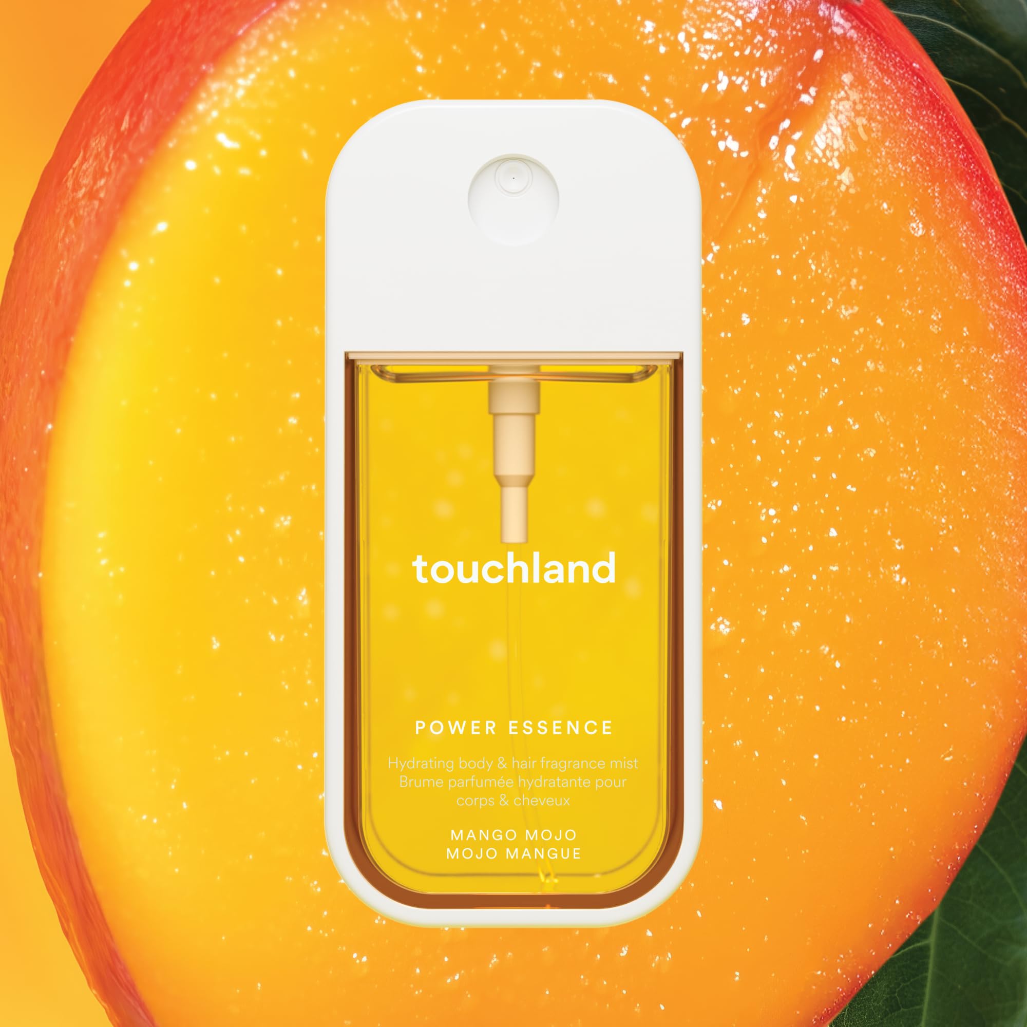 Touchland Mango Mojo mist showcases mango notes with hydrating capabilities for hair and skin