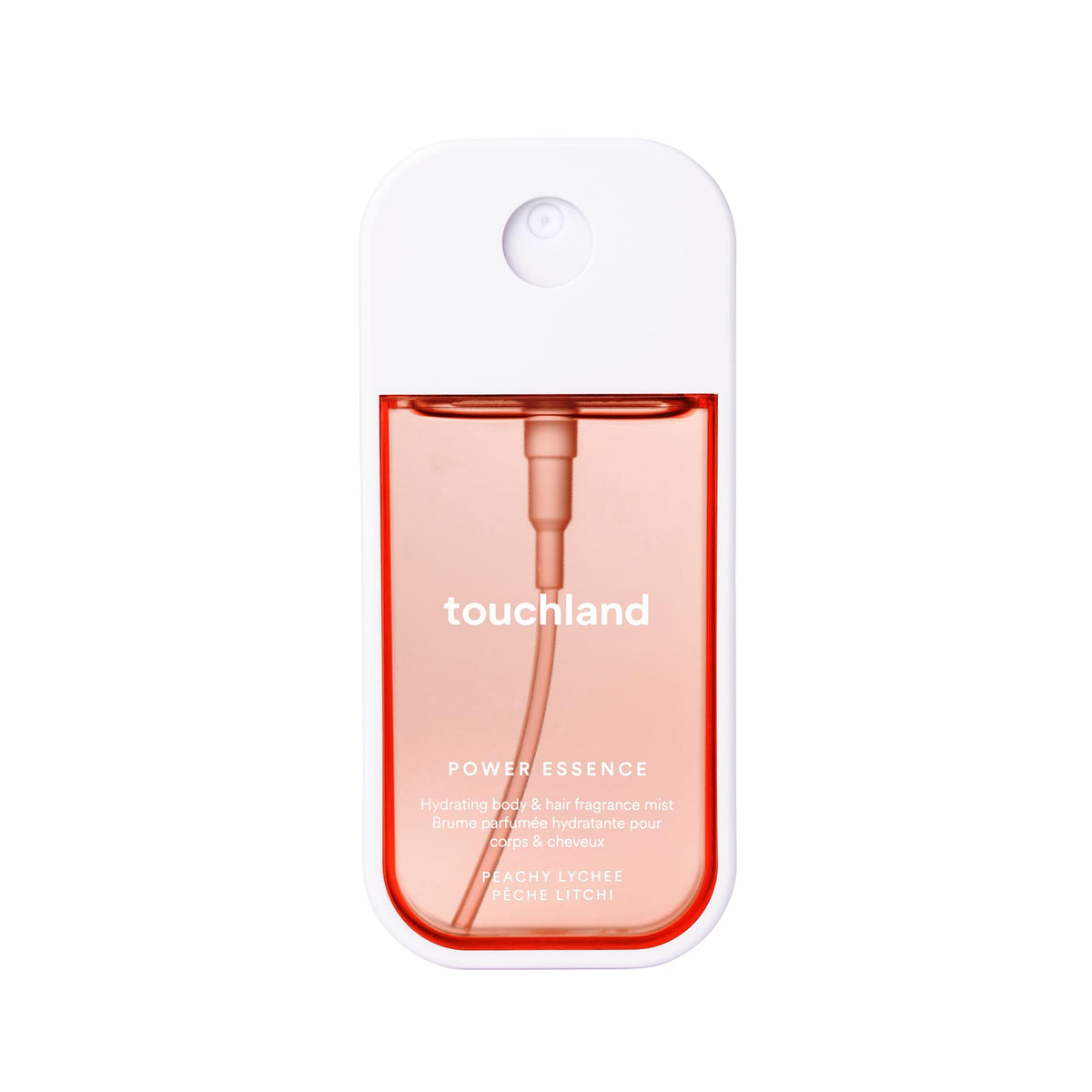 Touchland Peachy Lychee mist bottle front for on-the-go hydration and fragrance.