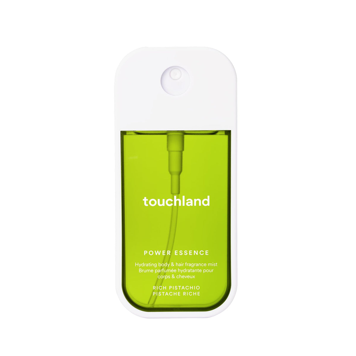 Touchland Rich Pistachio bottle front showing portable fragrance for on-the-go refresh.
