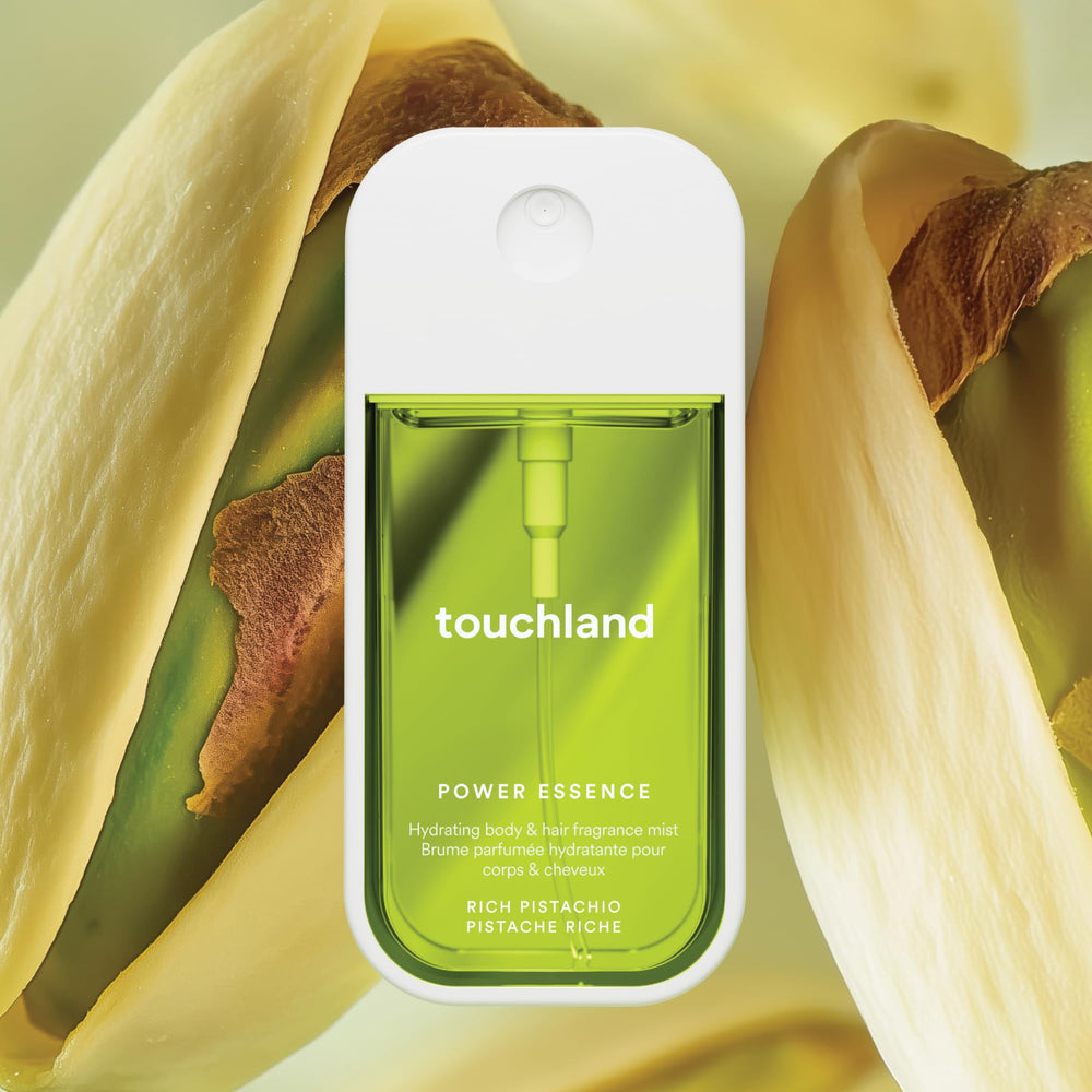 Touchland Rich Pistachio skin-hair application demonstration of hydration boost.