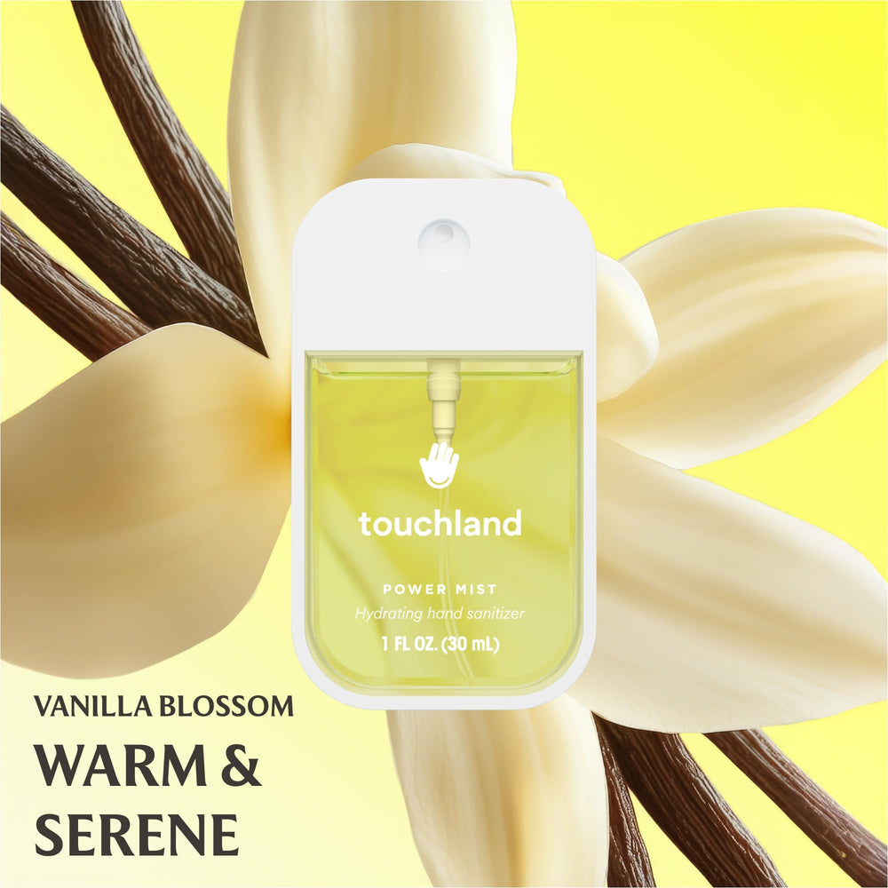 Touchland Vanilla Blossom sanitizer spray on hands for quick sanitizing.